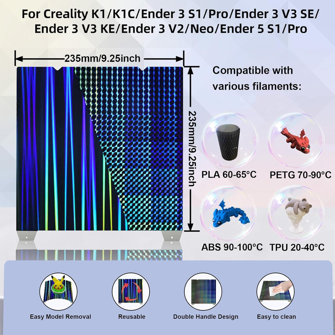 H1H 光滑构建板适用于 Creality K1C/K1/SE/Ender 3 V3 SE/Ender 3 V3 KE/Ender 3 S1/Pro/Ender 5 S1，柔性双面光束+幻影 H1H 效果板无磁性板 235x235mm
