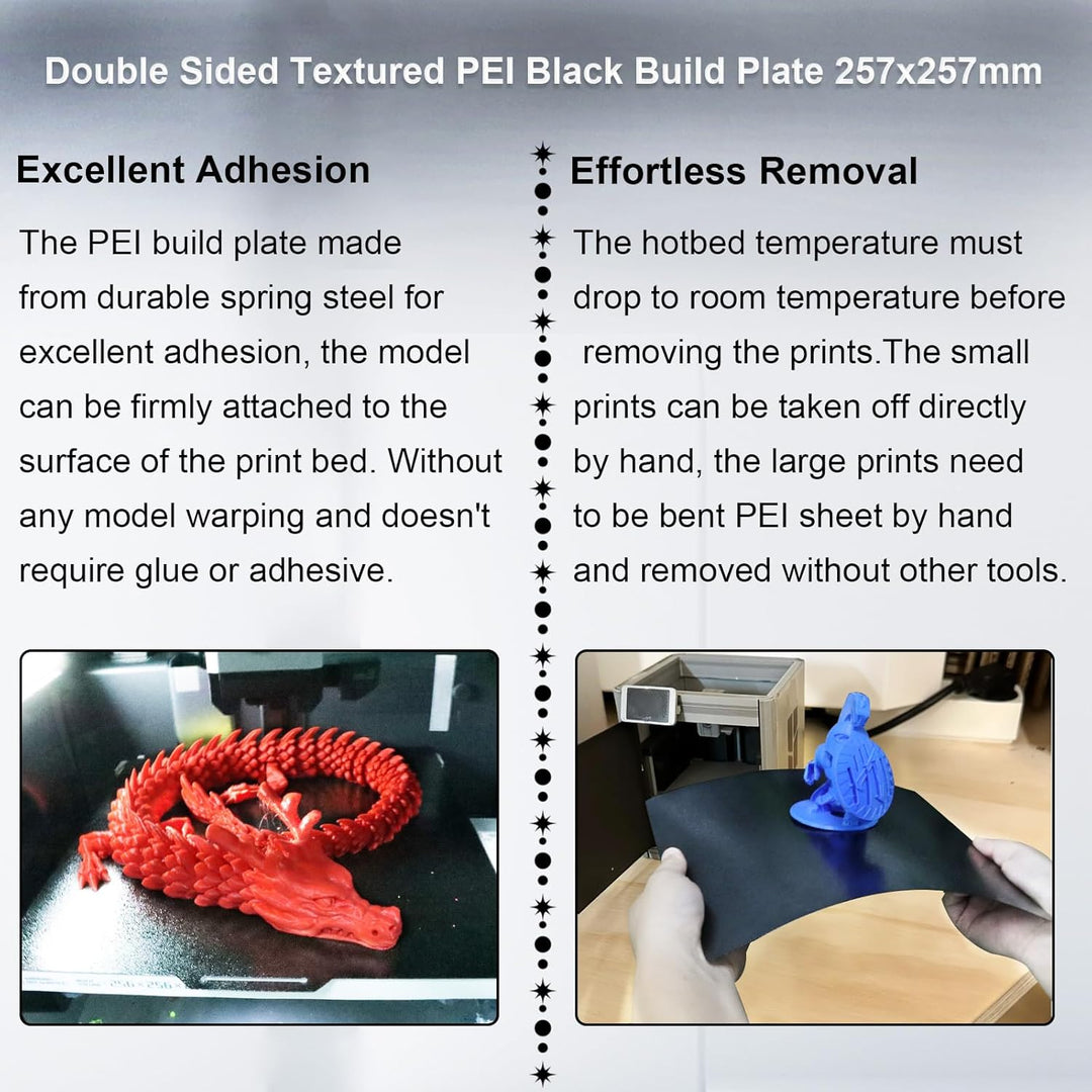 适用于 Bambu Lab X1/X1C/X1E/P1P/P1S/A1 的双面黑色 PEI 构建板，适用于 Bambu Lab 3D 打印机平台的柔性弹簧钢板 257x257mm