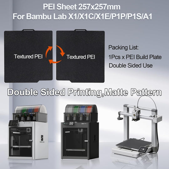适用于 Bambu Lab X1/X1C/X1E/P1P/P1S/A1 的双面黑色 PEI 构建板，适用于 Bambu Lab 3D 打印机平台的柔性弹簧钢板 257x257mm