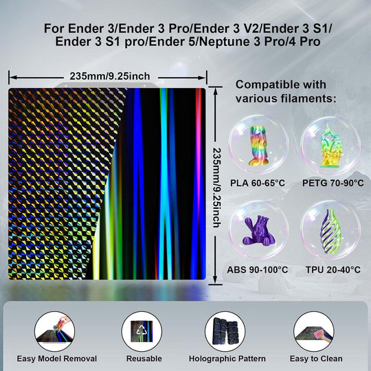 H1H 构建板 235x235mm，双面光束+幻影柔性弹簧钢板，适用于 Creality Ender 3/Ender 3 Pro/Ender 3 V2/Ender 3 V2 Neo/ELEGOO Neptune 3/Neptune 4/Pro 底板