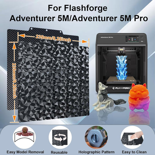 适用于 Flashforge Adventurer 5M/5M Pro/AD5X 的 PEO PET 打印板，适用于 Flashforge Adventurer 3D 打印机的柔性光滑钻石 PEO+碳纤维 PET 弹簧钢板床 235x235mm