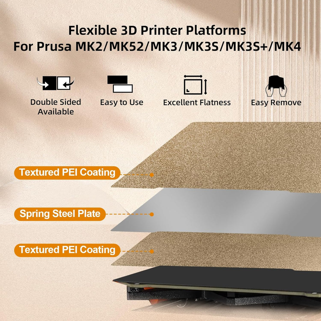 适用于 Prusa i3 MK3S Core One 的 PEI 构建板，双面纹理 PEI 弹簧钢板柔性 PEI 板 241x253.8mm，适用于 Prusa I3 MK2 MK2.5S MK52 MK3 MK3S+ MK4 Core One 3D 打印机
