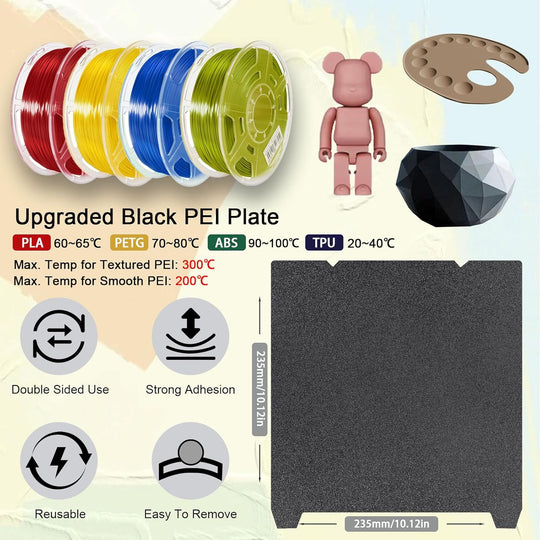 适用于 Creality K1/K1C/K1 SE/Ender 3 V3 SE/V3 KE/5 S1/S1/Pro 的光滑纹理 PEI 构建板，弹簧钢床 235x235mm 3D 打印机平台