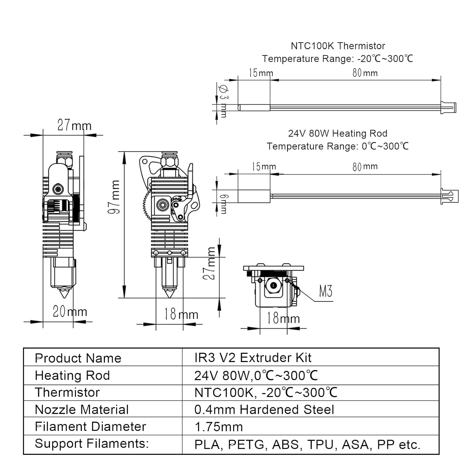 IdeaFormer IR3 V2 Extruder  Kit, Including 1 Pcs 0.4mm Hardened Steel Nozzles, Heating Rod, Thermistor, Throat, and Silicone Sleeve. Support Filament TPU PLA PETG ABS for IR3 V2 3D Printer