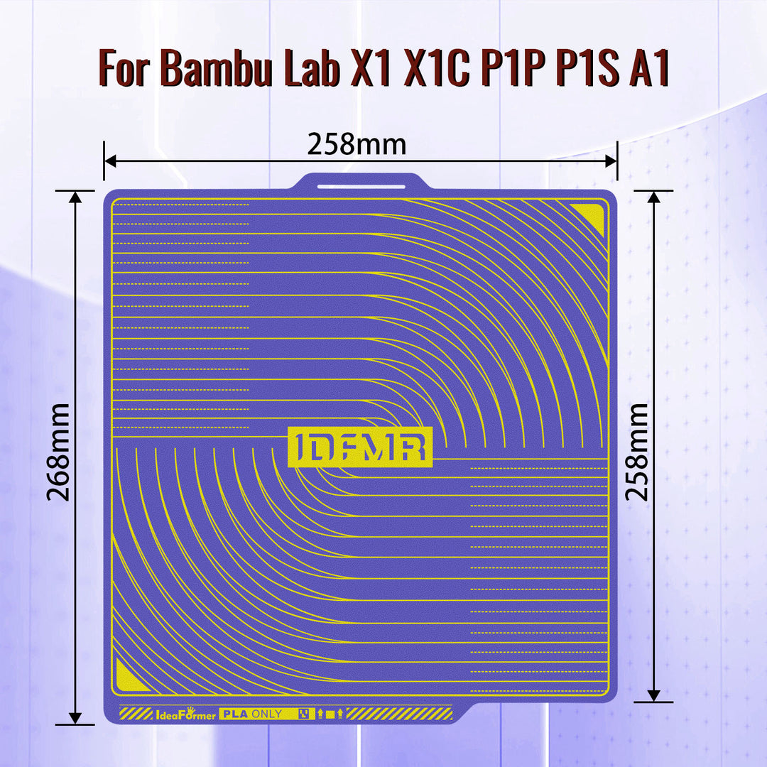IdeaFormer 升级版纹理 PEI 冷打印板，适用于 Bambu Lab P1P/P1S/X1C/X1/X1E/A1，258*258mm 双面紫色低温板，适用于 Bambu Lab 系列打印机