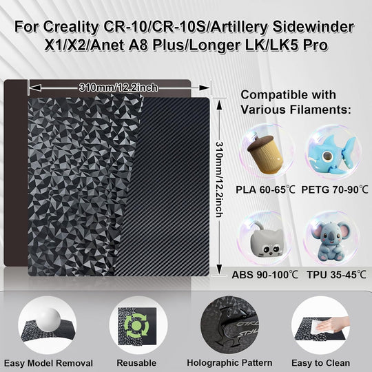 光滑的 PEO PET 弹簧钢板，带磁性板，适用于 Artillery Sidewinder X1/X2，适用于 Creality CR-10/CR-10S/Anet A8 Plus，适用于 QIDI Plus 4，柔性 PEO PET 打印床 310x310mm