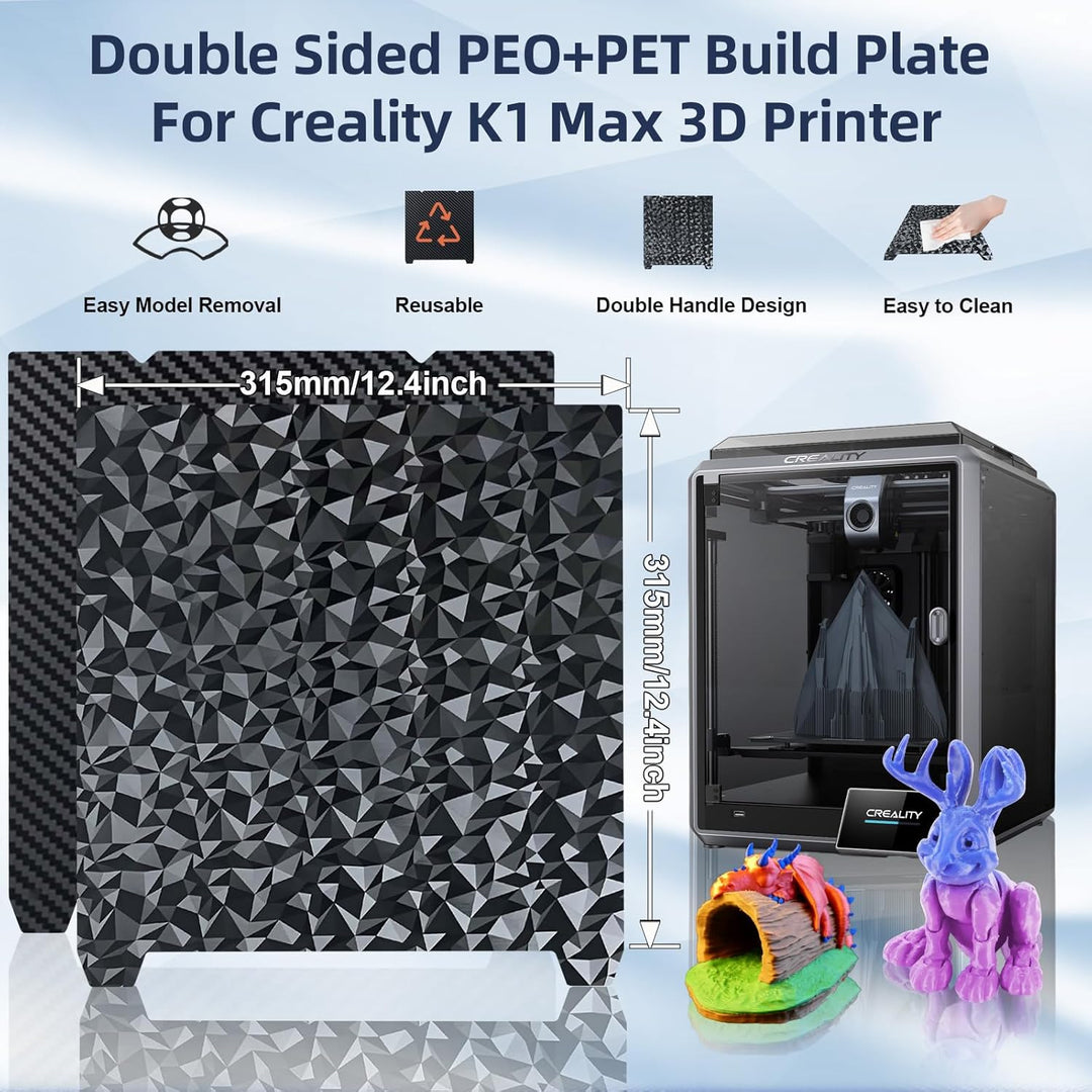 适用于 Creality K1 Max/Ender 3 V3 Plus 的 PEO PET 构建板 钻石 PEO+碳纤维 PET 柔性弹簧钢底板 310x315mm 适用于 Creality K1 Max/Ender 3 V3 Plus 3D 打印机平台