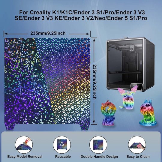 Rainbow Circles+万花筒 PEK 打印板适用于 Creality K1/K1C/K1 SE/Ender 3 S1/Pro/Ender 3 V3 SE/Ender 3 V3 KE/Ender 5 S1，PEK 打印床 235x235mm 适用于 K1/K1C/K1 SE/Ender 3 V3 SE/KE