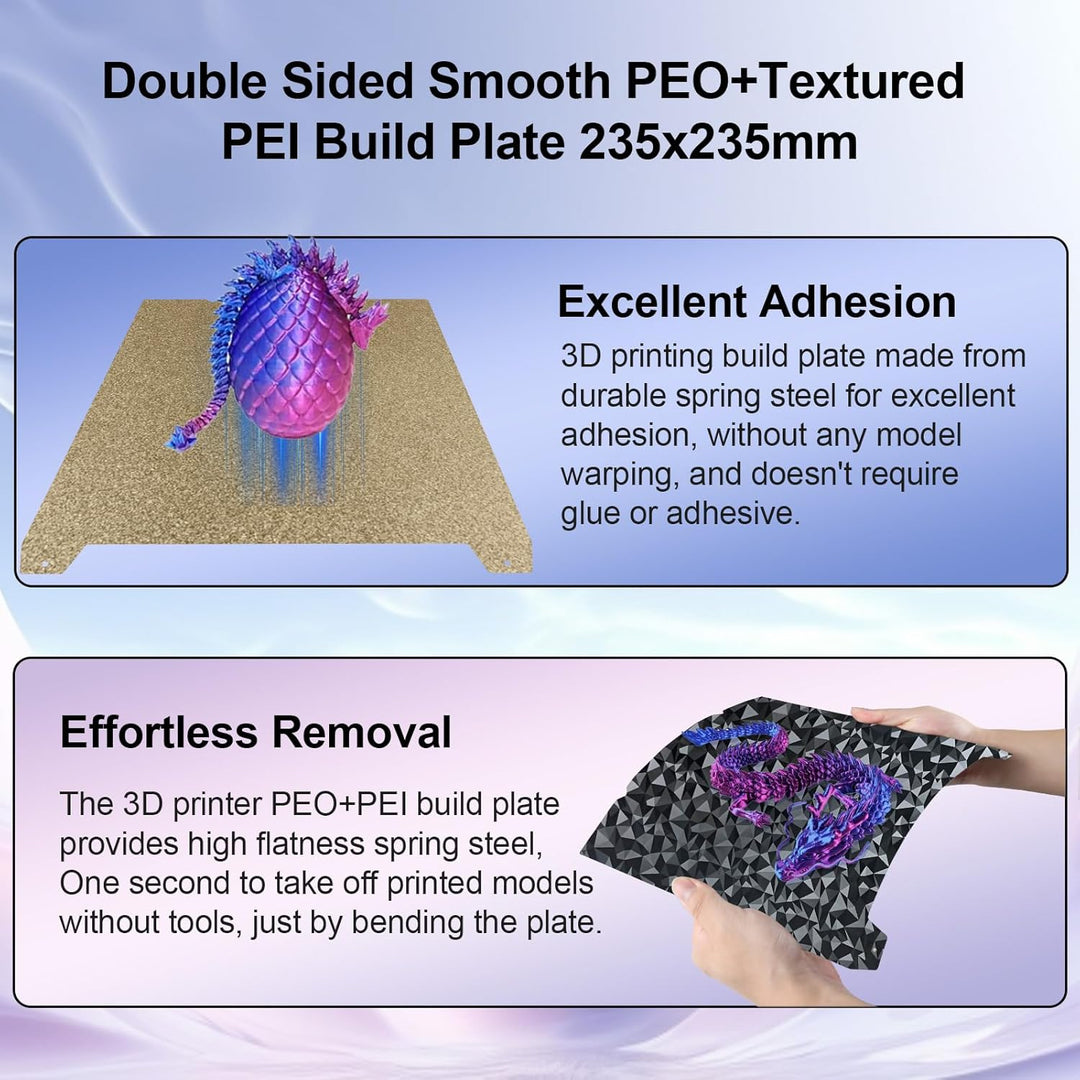 IdeaFormr-3D 光滑 PEO+纹理 PEI 构建板，适用于 Creality K1C/K1/K1 SE/Ender 3 V3 SE/Ender 3 V3 KE/Ender 3 S1/Pro/Ender 5 S1，柔性 PEO PEI 弹簧钢板 235x235mm 无磁性表面板