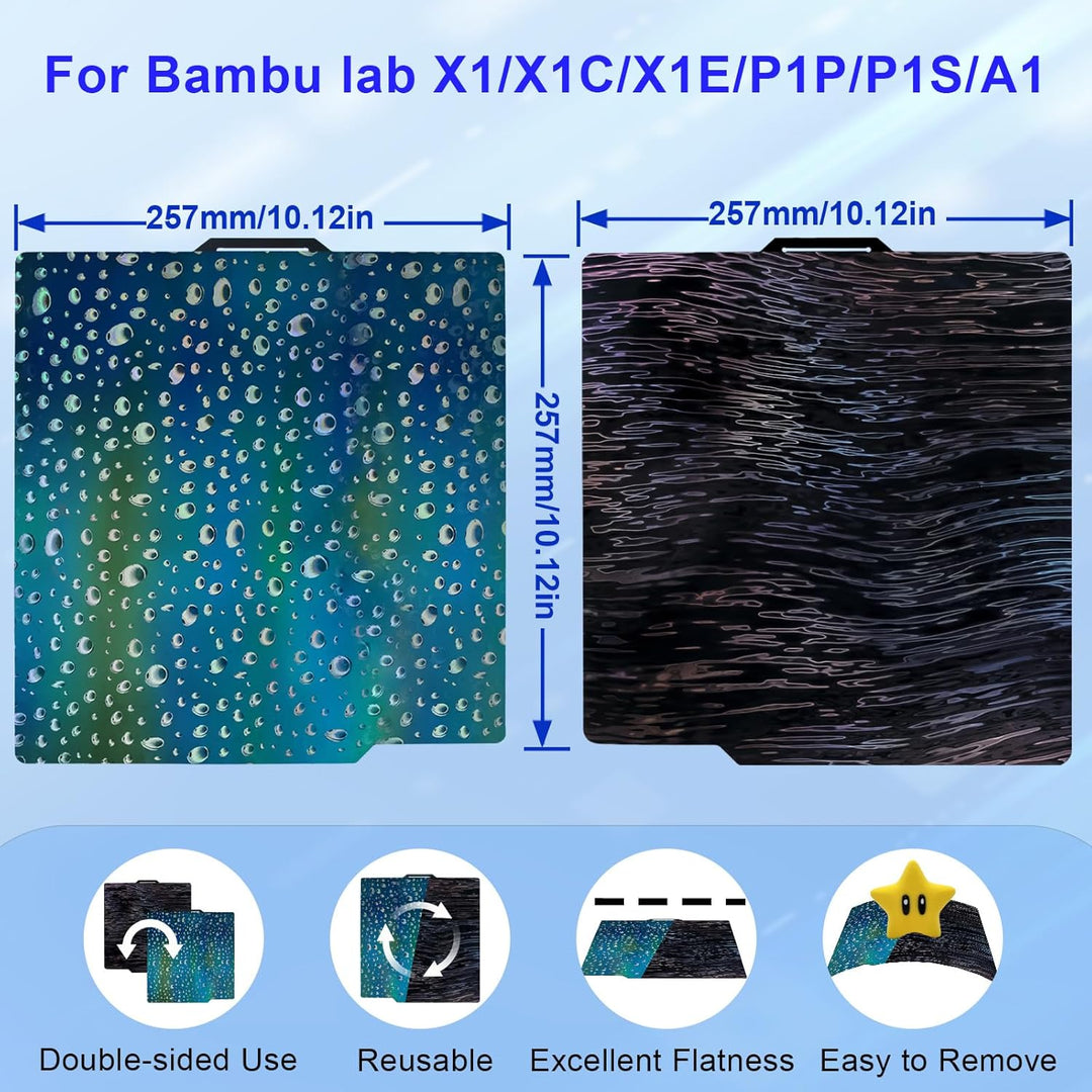 双面 PER PEH 构建板适用于 Bambu Lab X1/X1C/X1E/P1P/P1S/A1，木纹+水滴柔性弹簧钢效果板 257x257mm 可拆卸平台适用于 Bambu Labs 3D 打印机