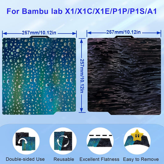 双面 PER PEH 构建板适用于 Bambu Lab X1/X1C/X1E/P1P/P1S/A1，木纹+水滴柔性弹簧钢效果板 257x257mm 可拆卸平台适用于 Bambu Labs 3D 打印机