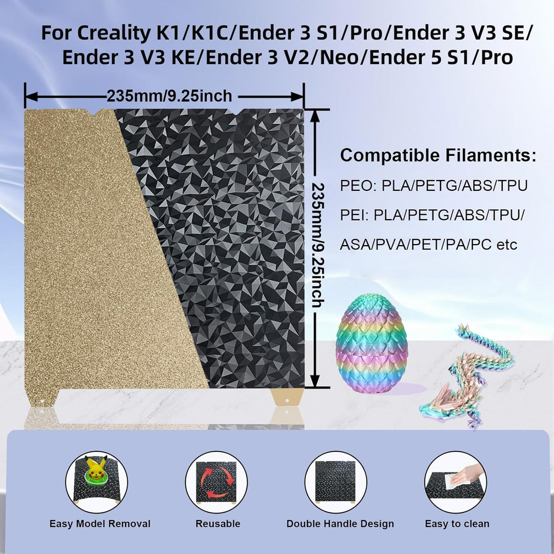 IdeaFormr-3D 光滑 PEO+纹理 PEI 构建板，适用于 Creality K1C/K1/K1 SE/Ender 3 V3 SE/Ender 3 V3 KE/Ender 3 S1/Pro/Ender 5 S1，柔性 PEO PEI 弹簧钢板 235x235mm 无磁性表面板