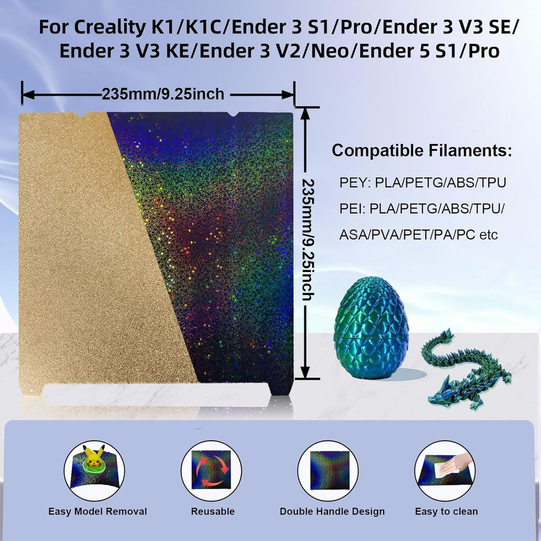 K1 K1C 打印板 235x235mm，彩虹星空 PEY+纹理 PEI 弹簧钢板柔性 PEY PEI 板，适用于 Creality K1/K1C/K1 SE/Ender 3 V3 SE/Ender 3 V3 KE/Ender 3 S1/Pro/Ender 5 S1