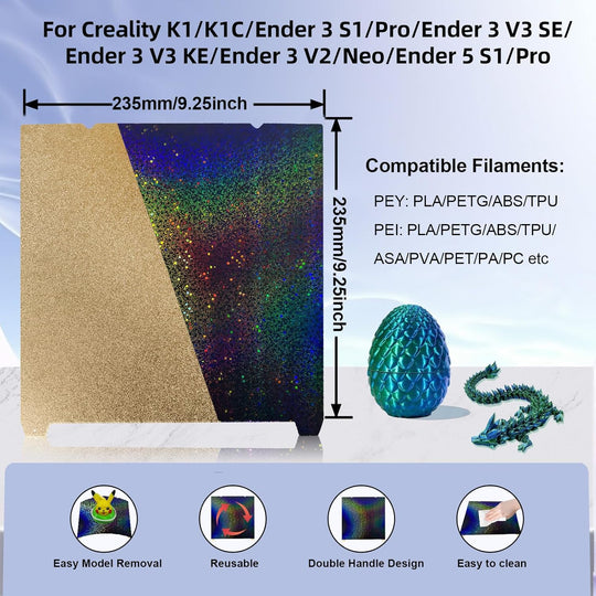K1 K1C 打印板 235x235mm，彩虹星空 PEY+纹理 PEI 弹簧钢板柔性 PEY PEI 板，适用于 Creality K1/K1C/K1 SE/Ender 3 V3 SE/Ender 3 V3 KE/Ender 3 S1/Pro/Ender 5 S1