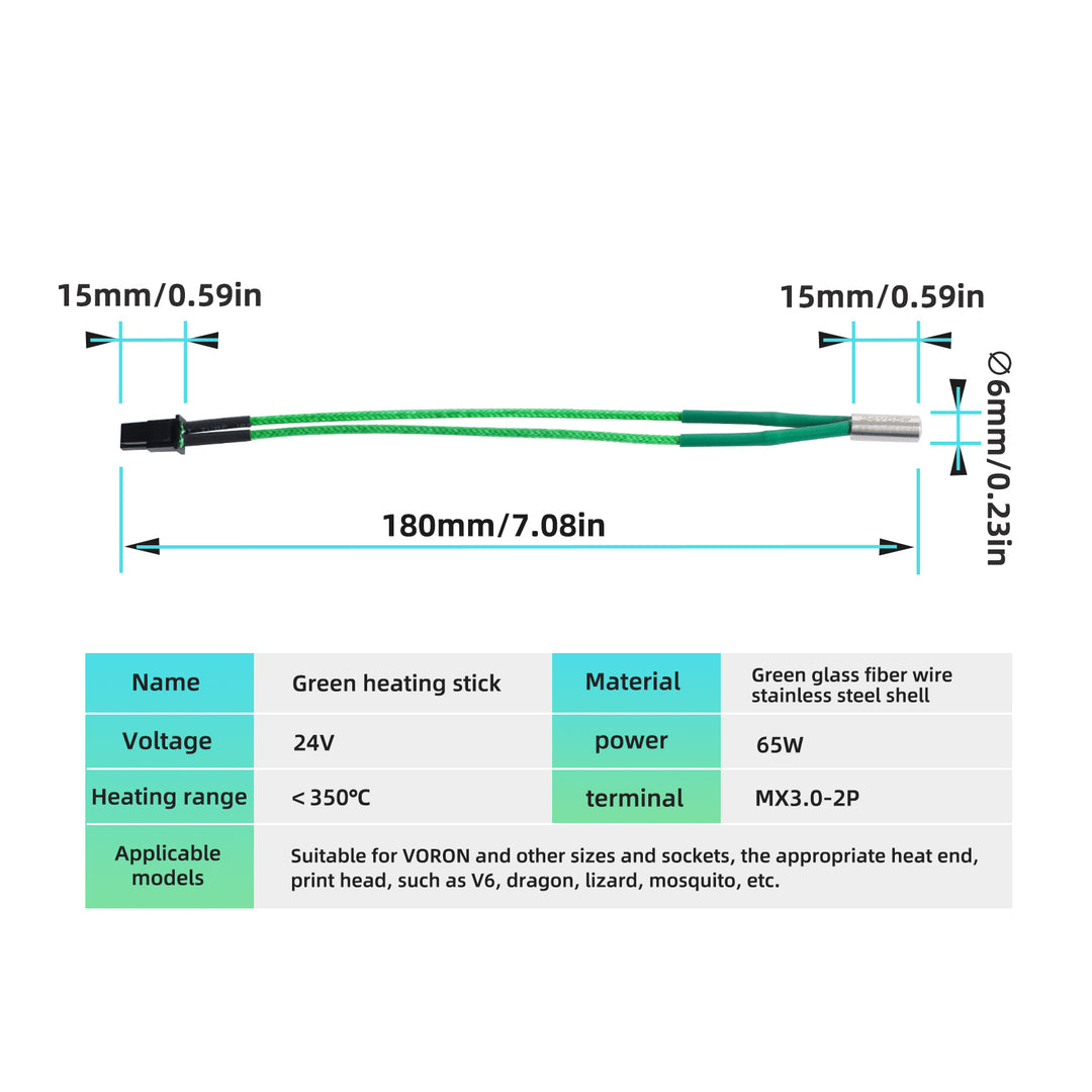 IdeaFormer 2PCS 升级版 6x15MM 24V 65W V6 热端高温加热器墨盒元件兼容 VORON V2.4 V0.1 V1.8 3D 打印机、Dragonfly BMS BMO 热端/Dragon 热端