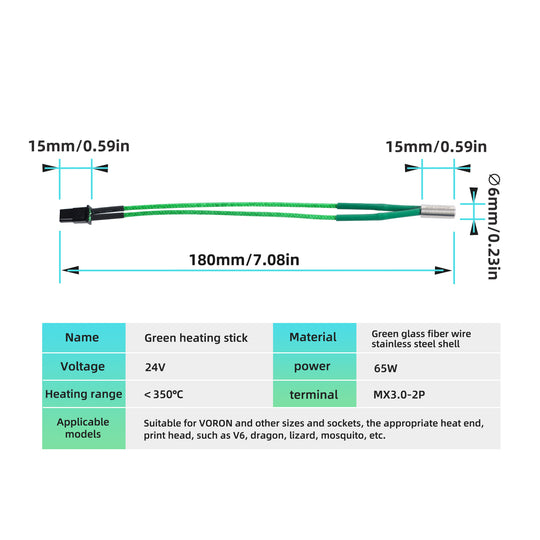 IdeaFormer 2PCS 升级版 6x15MM 24V 65W V6 热端高温加热器墨盒元件兼容 VORON V2.4 V0.1 V1.8 3D 打印机、Dragonfly BMS BMO 热端/Dragon 热端