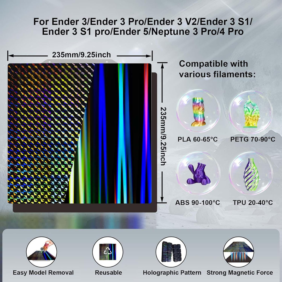 H1H 弹簧钢板带磁性构建板 235x235mm，平滑光束+幻影 H1H 打印床，适用于 Ender 3/Ender 3 Pro/Ender 3 V2/Ender 3 V2 Neo/适用于 ELEGOO Neptune 3/Neptune 4/Pro