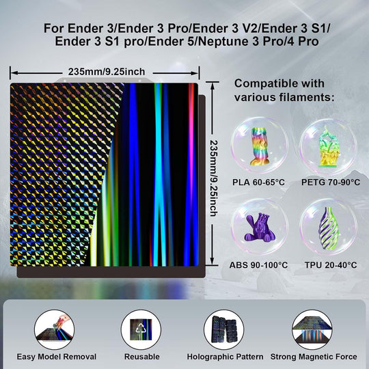 H1H 弹簧钢板带磁性构建板 235x235mm，平滑光束+幻影 H1H 打印床，适用于 Ender 3/Ender 3 Pro/Ender 3 V2/Ender 3 V2 Neo/适用于 ELEGOO Neptune 3/Neptune 4/Pro